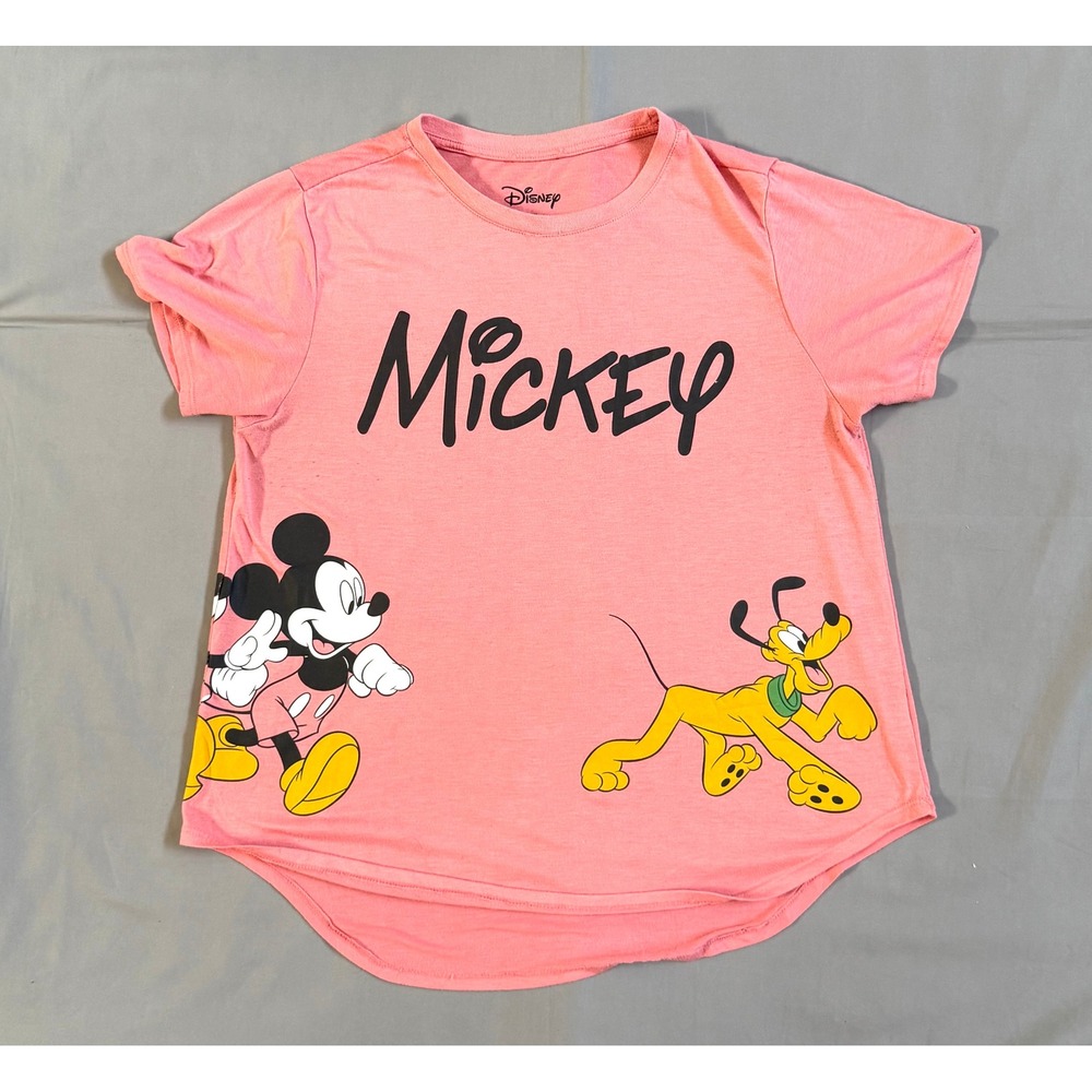 Disney Mickey Mouse Pluto Minnie Pink Graphic‎ T-Shirt Womens XL Curved Hem